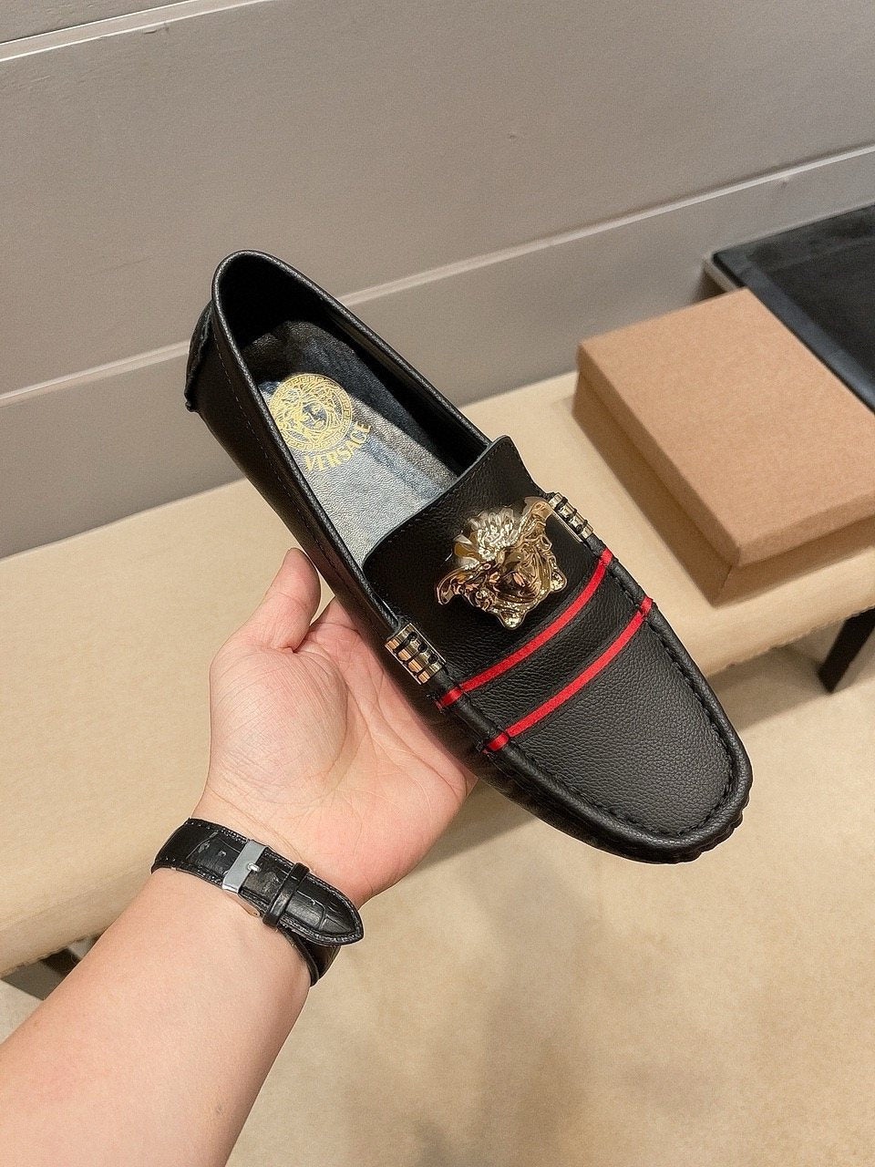 Versace Black Red Stripe Slip-On Loafers — model