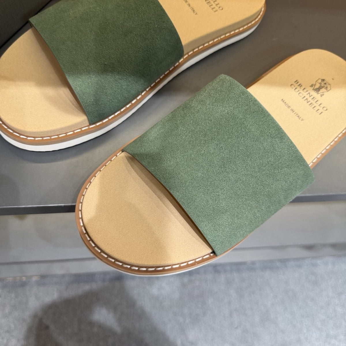 Brunello Cucinelli Sage Green Slide Sandals — detail