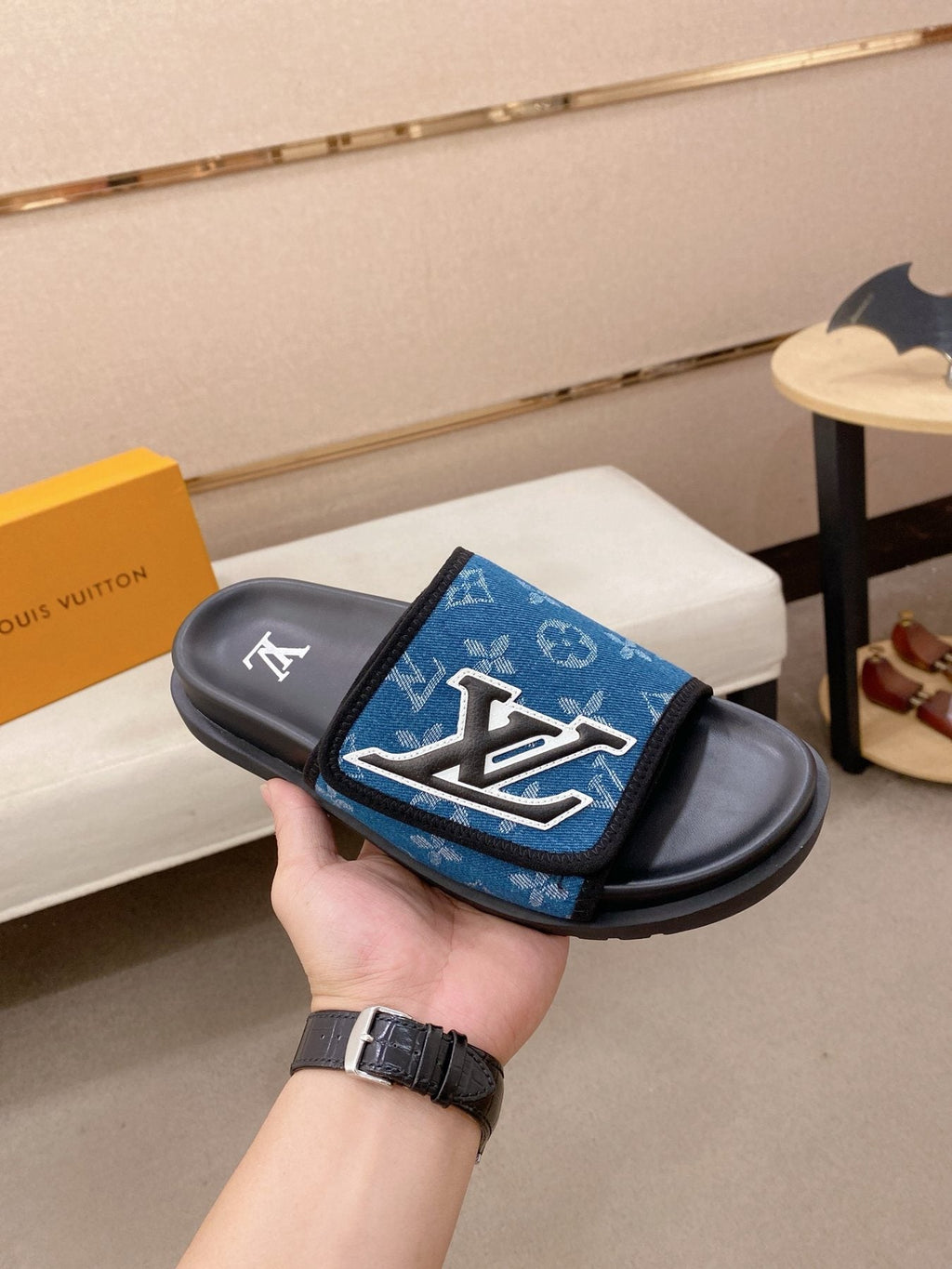 Louis Vuitton Blue Patterned Slide Sandals — side