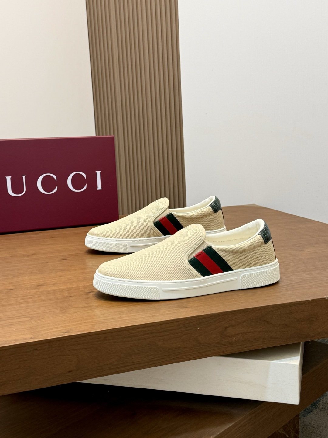 Gucci Beige Web Stripe Slip-On Sneakers — front
