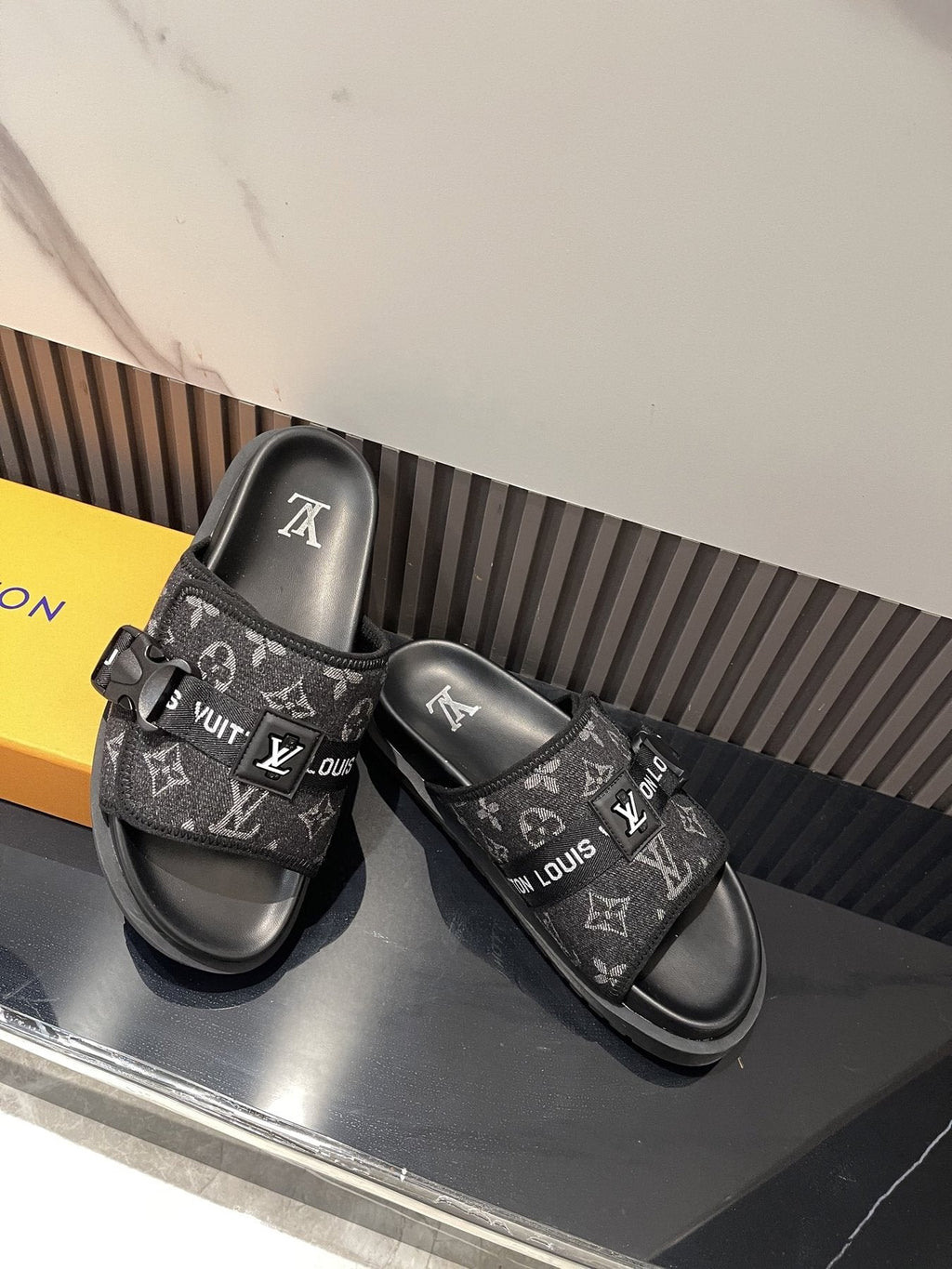 Louis Vuitton Black Monogram Slide Sandals — front