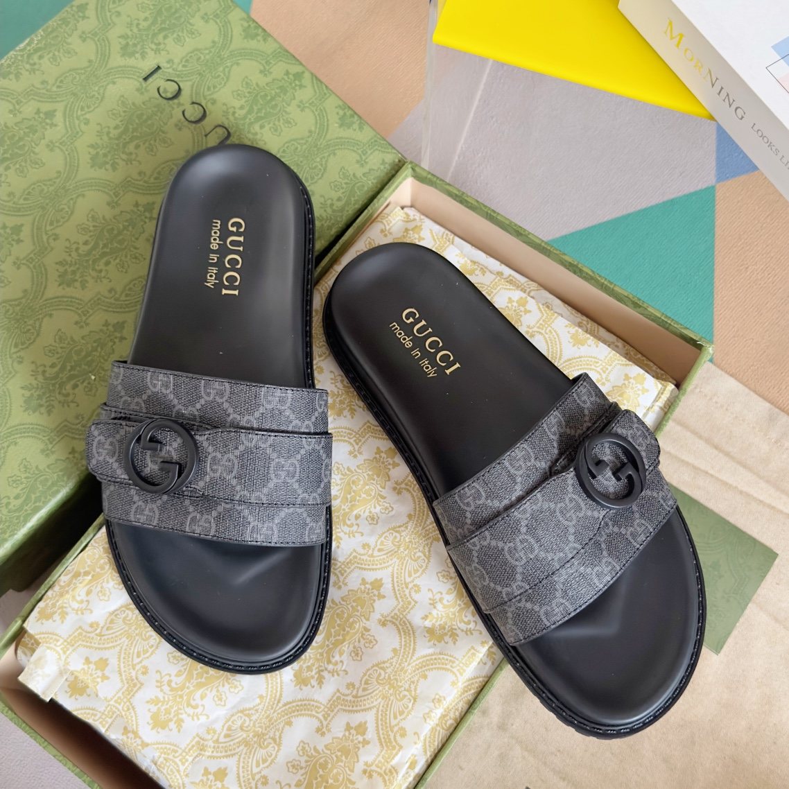 Gucci Gray Monogram Slide Sandals — hero