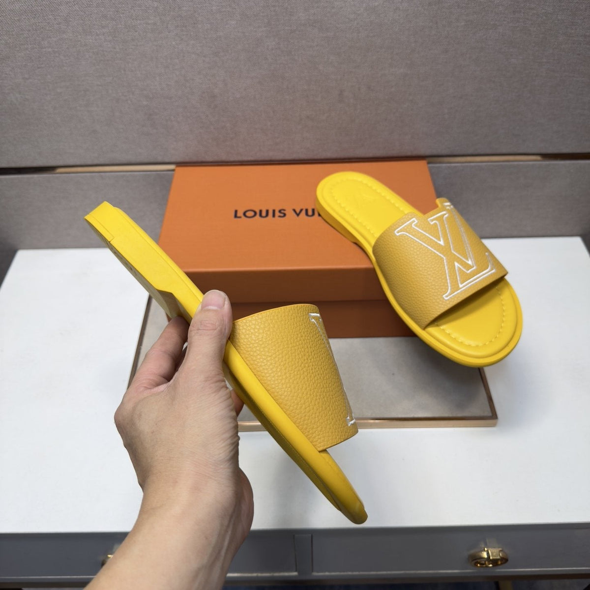 Louis Vuitton Men's Outlined LV Slide Sandals — back