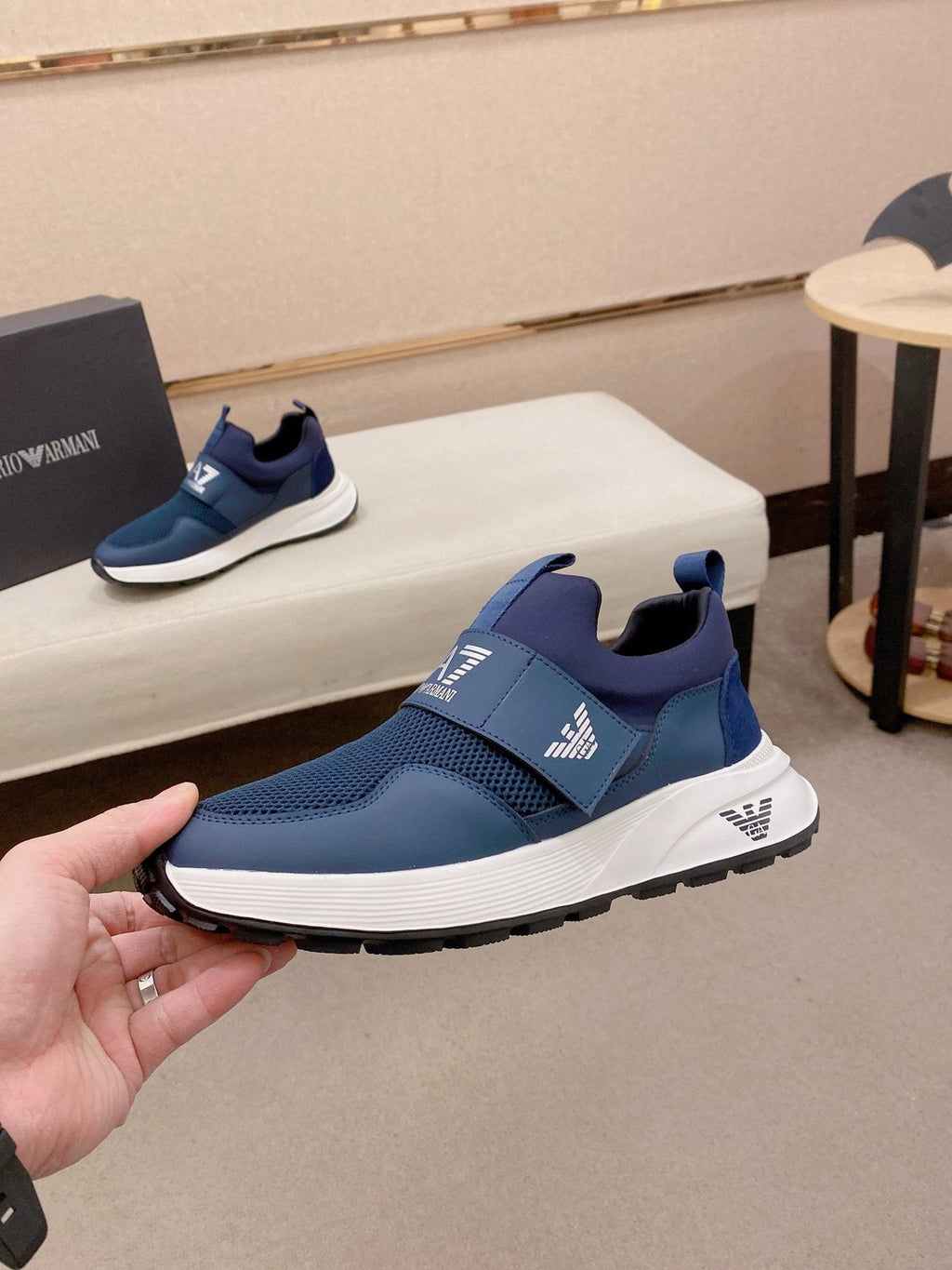 Emporio Armani Branded Strap Slip-On Sneakers — model