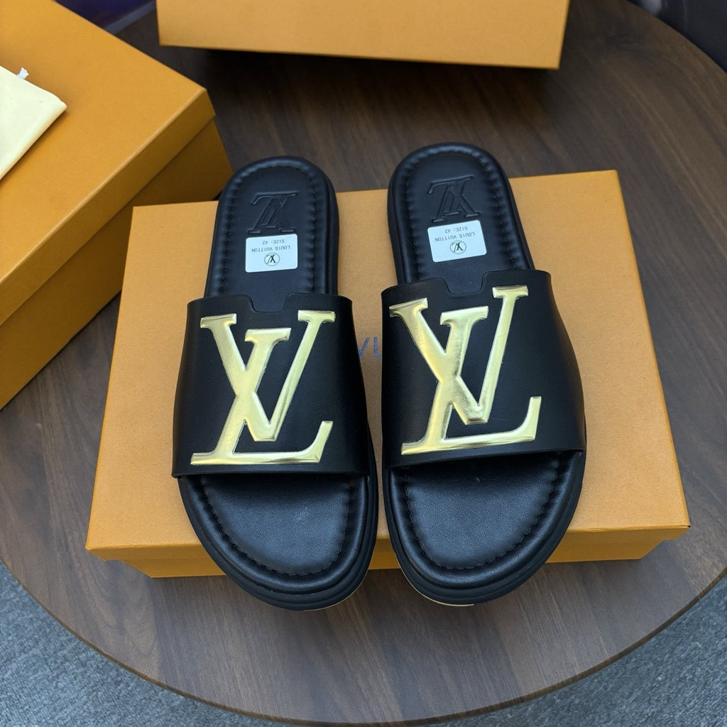 Louis Vuitton Raised-Monogram Slide Sandals — front