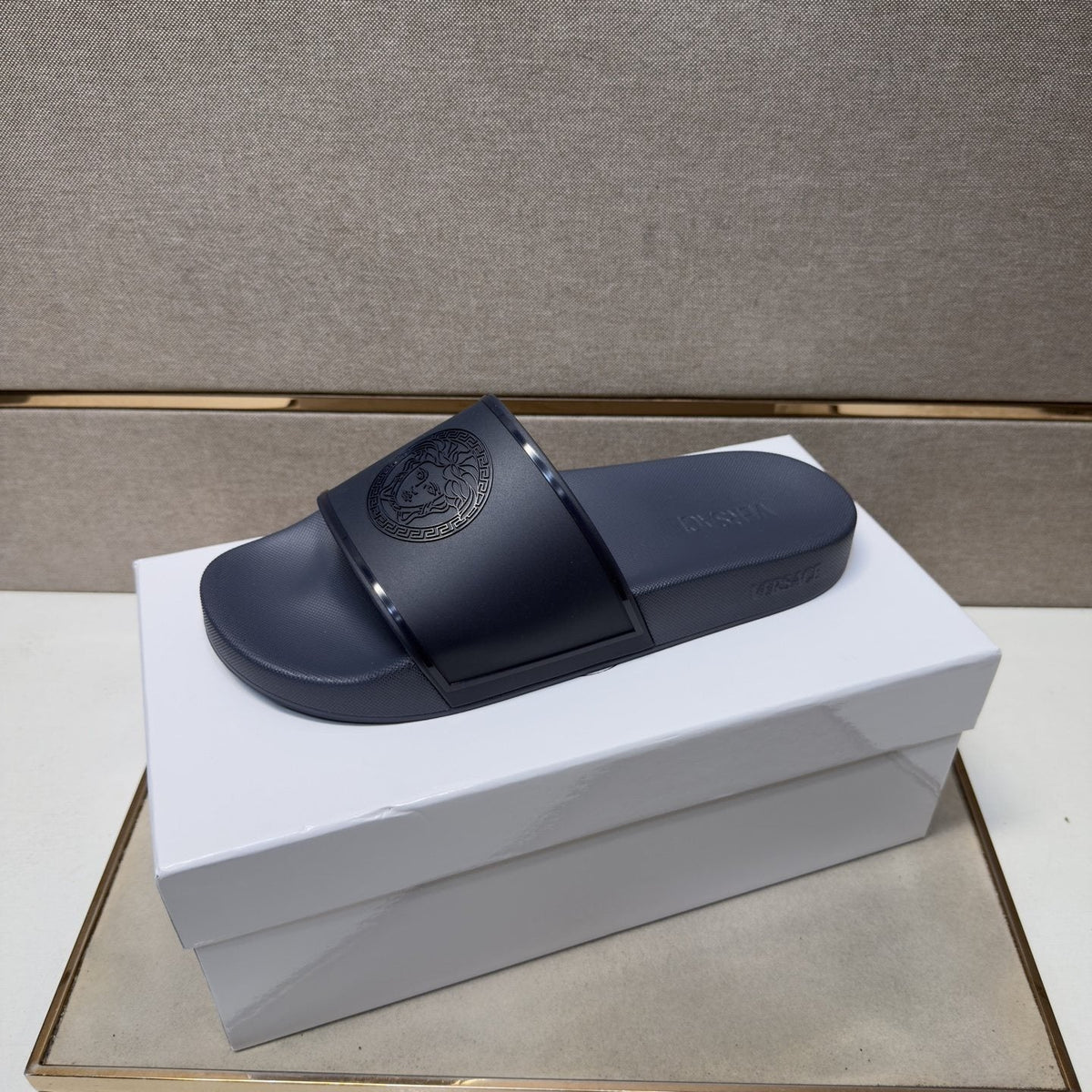 Versace Embossed Strap Slide Sandals — front
