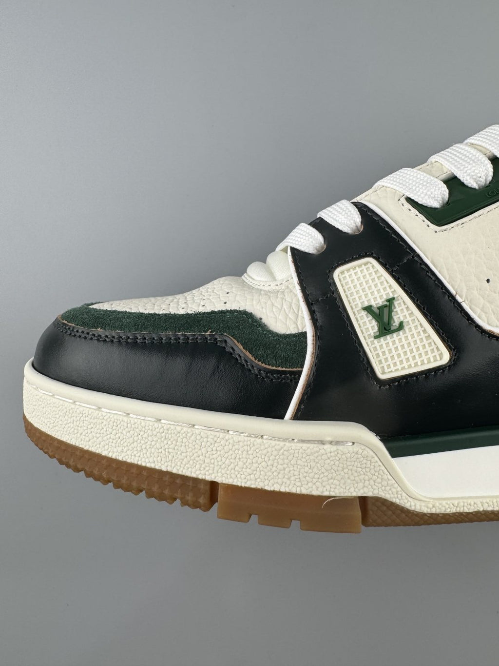 Louis Vuitton White, Green & Black Trainer Sneaker — front